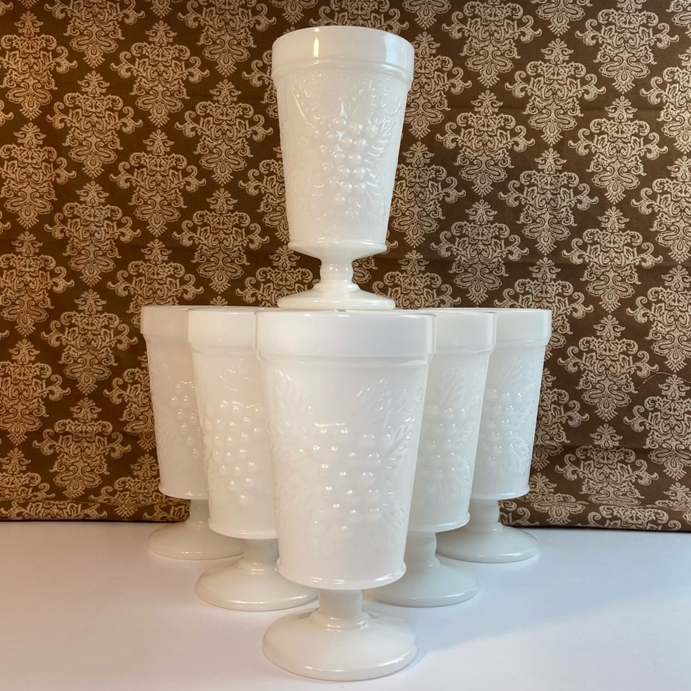Anchor Hocking 1950s Milk Glass Tumblers Grape Design, set of 7
